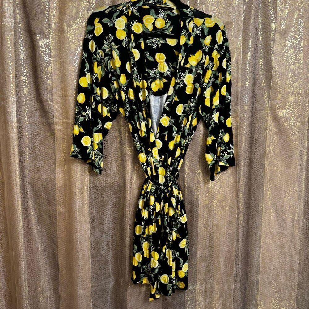INC International Concepts Black Yellow Lemon Print Light Robe Small NWT